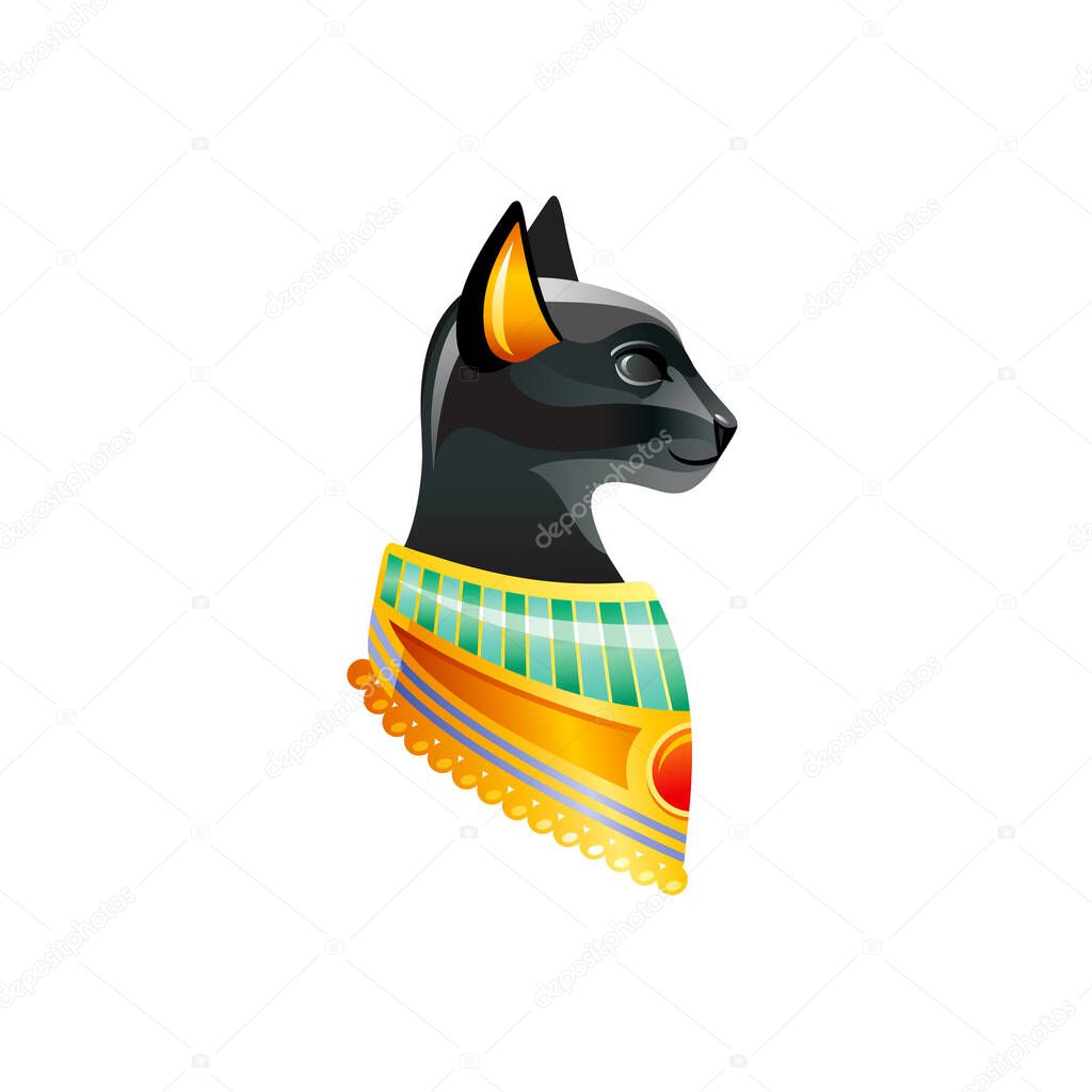 Egyptian cat. Bastet goddess. Black cat Bast deity with golden necklace statuette from ancient Egypt art. Cartoon 3d realistic icon for logo. Old style vector illustration isolated on white background
