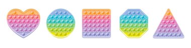 Fidget toy set. Popit sensory vector toy. Rainbow square popular pop it. 3d realistic antistress fidgeting toy. Pastel soft bubble pop it fidget vector. Heart circle square honeycomb triangle icon set