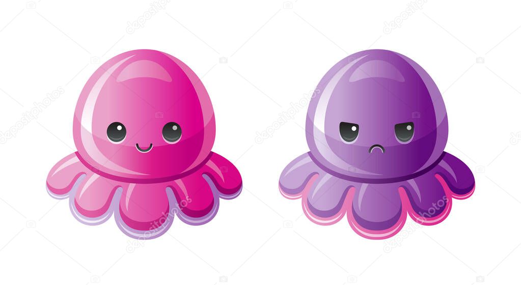 Octopus plush toy. Stuffed mood octopus, child isolated soft toy set. Cute color antistress logo. Two different sides - happy pink and sad violet. Sea trendy logo. Popular Girl anti stress toys.