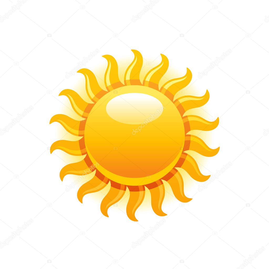 Sun icon. Vector summer sunshine illustration. Sunrise graphic with yellow heat weather symbol. Hot light sun shape. Day, morning, sunset design isolated on white. Abstract gold sunny sign isolated