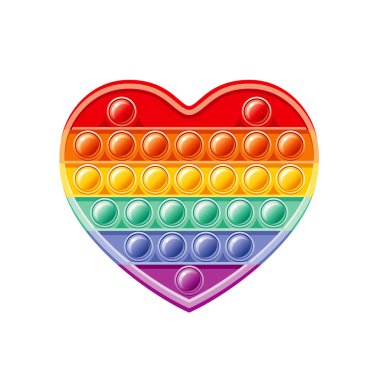 Fidget oyuncağı. Popit duyusal vektör oyuncağı. Gökkuşağı Yüreği popüler. Gerçekçi anti-stres oyuncağı. Kabarcık popit hareketli vektör. Çocuk çocuk stres önleyici duyusal ikon. Çizgi film bebek çizimi