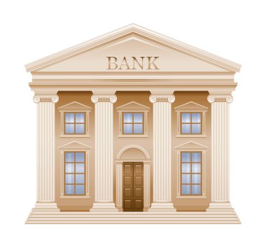 Bank Building vektör çizimi. Düz finans evi dış görünüşü. Cartoon Money ofisi ikonu izole etti. Federal hükümet mahkemesi finans kurumu binası. Kamu Bankası sütun evi dış görünümü