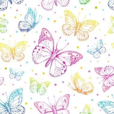 Kelebek deseni. Kusursuz bir arka plan. Soyut renk kumaş tasarımı. Neon pembe, mavi, mor kelebek silueti olan şirin bir illüstrasyon. Bahar ya da yaz çizimi. Çiçek grafik desenli sanat