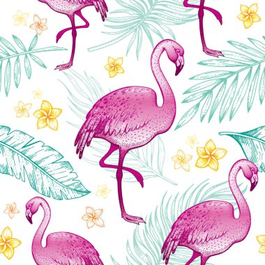 Flamingo deseni. Pembe flamingo kuşu, çiçekler, yapraklar. Duvar kağıdı baskısı. Tropik tasarım çizimi. Hawaii hayvan dokusu. Plaj egzotik, moda kumaşı