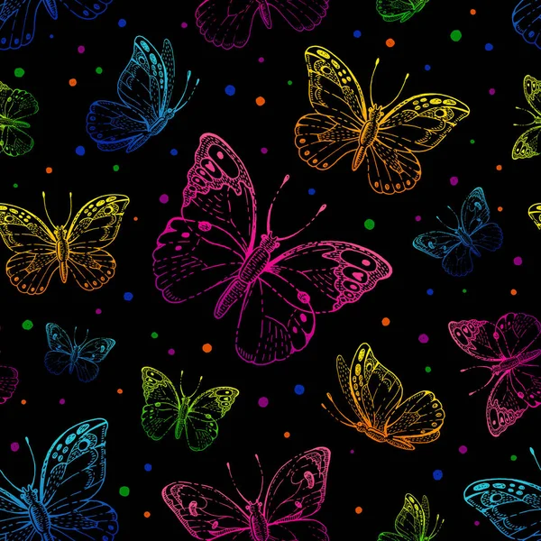 Schmetterlingsmuster Vektornahtloser Hintergrund Abstraktes Schwarzes Stoffdesign Nette Illustration Mit Neonrosa — Stockvektor