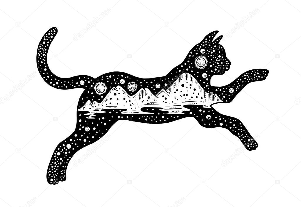 Cat tatoo. Black jumping cat tattoo with universe mountain landscape. Hand drawn art. Vintage flight icon. Black animal sketch logo. Galaxy space surreal symbol. Vector retro illustration