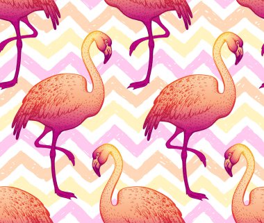 Flamingo pürüzsüz desen, el çizimi karalama dokusu. Giysi için tekstil baskısı. El yapımı egzotik pembe kuş, grunge çizgileri. El çizimi vektör çizimi zig zag beyaz arkaplanda izole edildi