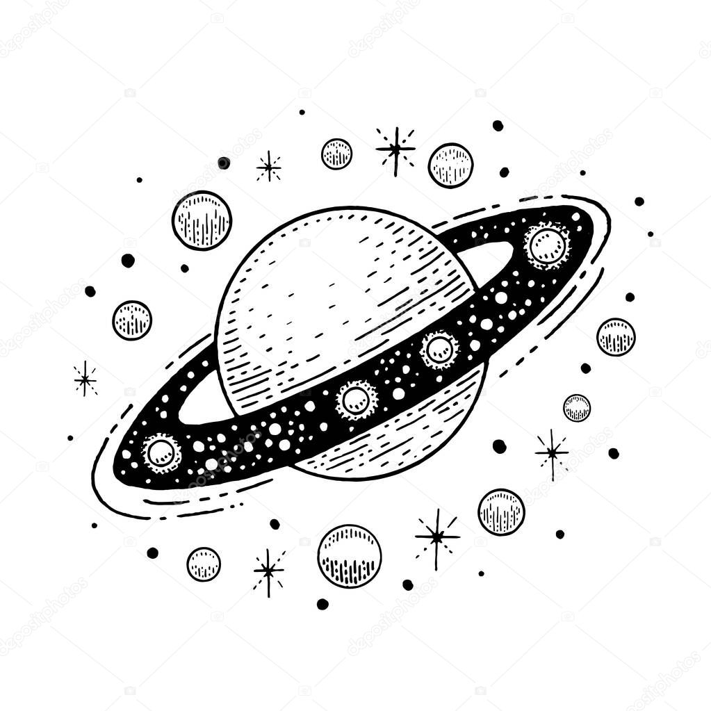 Saturn sketch. Planet space vector. Universe icon. Black line illustration. Galaxy tattoo, hand drawn solar system outline art. White doodle vintage cosmic line tatto. Saturn planet and star sketch