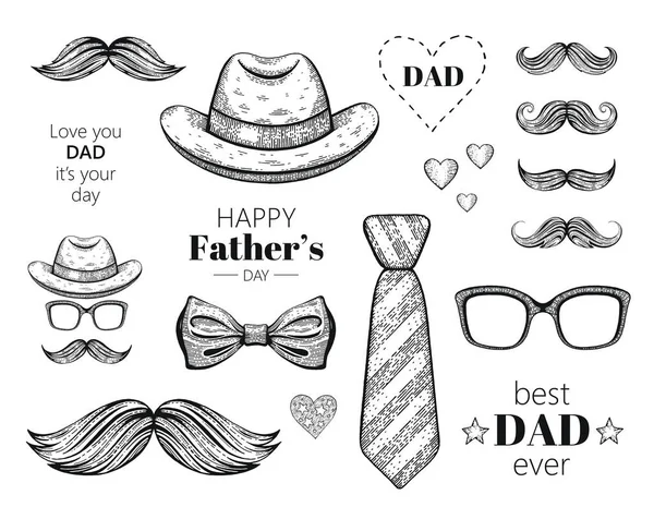 Happy Fathers Day Card Sketch Tie Mustache Hat Glasses Vector — Stock Vector