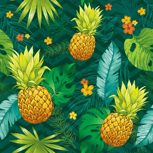 Zomer Naadloos Patroon Met Ananas Tropisch Fruit Bloemen Palmbladeren Monstera — Stockvector