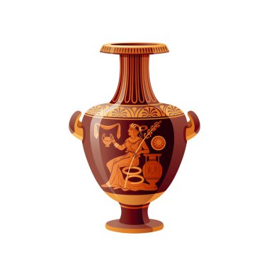 Yunan vazosu. Eski çömlek vektörü. 3D antika amforo. Yunanistan mitolojisi. Eski seramik resim. Efsanevi sürahi, Roma vazosu deseni. Eskimiş ot, kavanoz. Klasik kırmızı şekilli Yunan vazosu Demeter tanrıçası