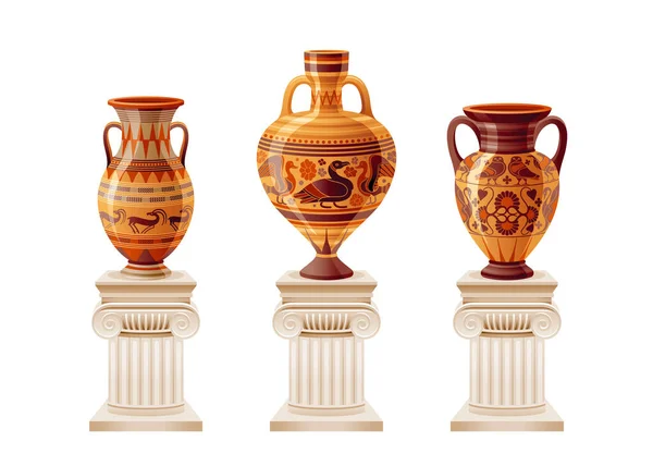 希腊花瓶 有花瓶的古代病媒博物馆柱子 罗马希腊列图解 希腊经典的骨灰盒 安布拉 罐子隔离在白色柱子基座上 古董艺术展览元素集 — 图库矢量图片