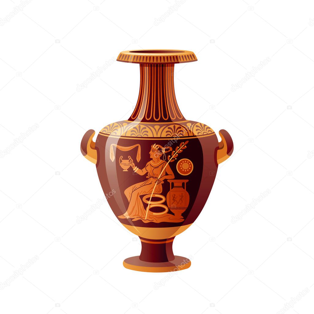 Greek vase. Ancient pottery vector. 3d antique amphora. Greece mythology. Old ceramic art painting. Myth jug, roman urn pattern. Vintage pot, jar. Classic red figured greek vase with Demeter goddess