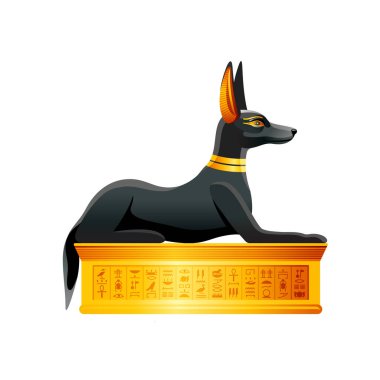 Mısır köpeği. Anubis tanrısı. Eski Mısır sanatından kalma altın kolyeli siyah çakal. Logo tasarımı için karikatür 3 boyutlu gerçekçi simge. Beyaz arkaplanda izole edilmiş eski tarz köpek vektör illüstrasyonu.