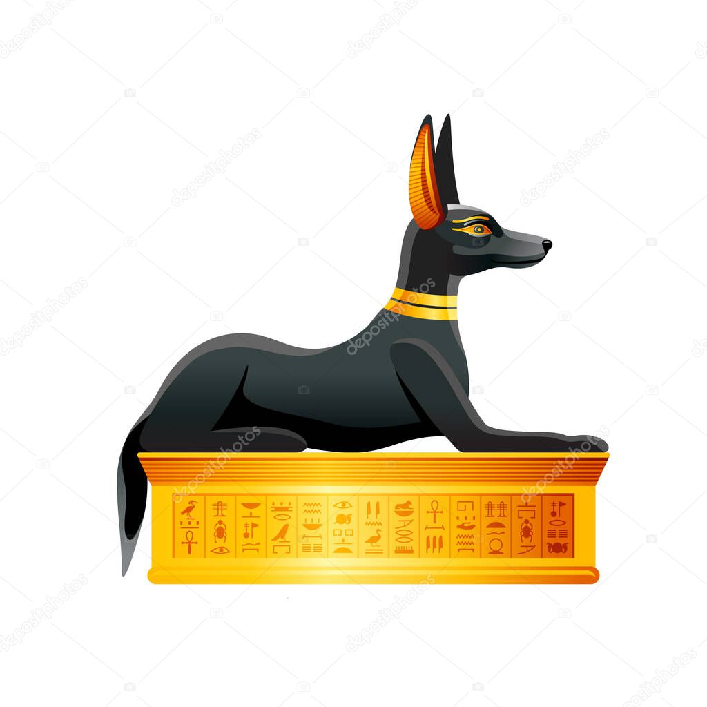 Egyptian dog. Anubis god. Black jackal with golden necklace statuette from ancient Egypt art. Cartoon 3d realistic icon for logo design. Old style dog vector illustration isolated on white background.