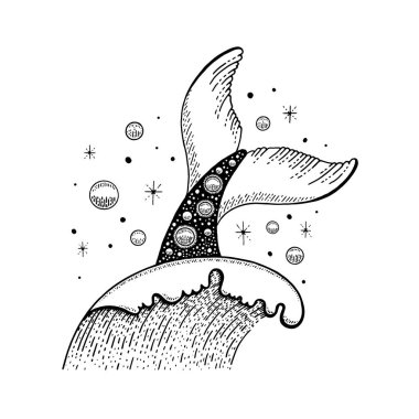 Balina kuyruğu vektörü. Deniz dalgası dövmesi. Deniz kızı, balık, yunus kuyruğu okyanus dalgası çizimi. Deniz çizimi çizimi. Siyah ana hatlı boho tasarımı. Klasik resim çizimi. Sihirli deniz suyu, uzay galaksisi dövmesi