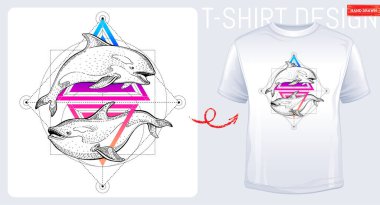 Orca Balina vektörü. Geometrik deniz katili balina sanatı. Okyanus balinası gömlek tasarımı. Gerçeküstü illüstrasyon. Tişört için üçgen logolu grafiksel geometri posteri. Bedava hippi konsepti. Özgürlük macera rüyası