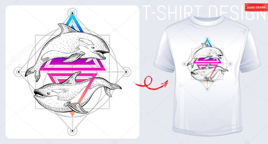 Orca Whale vector. Geometric sea killer whale art. Ocean orca shirt design. Surreal illustration. Graphic geometry poster with triangle logo for t-shirt. Free Hipster concept. Freedom adventure dream
