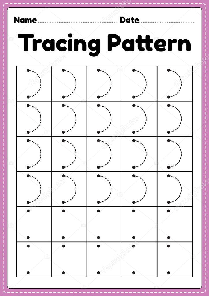 Tracing pattern right curve lines worksheet for kindergarten, preschool and Montessori school kids to improve handwriting practice activities.