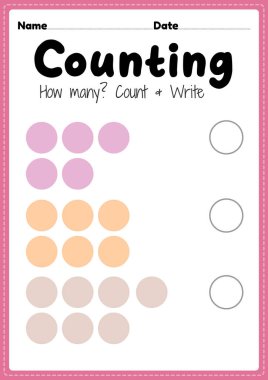 Temel matematik sayımı ve yazma becerilerini öğrenmek için okul öncesi ve anaokulu çocuk aktiviteleri için çalışma kağıtları, matematik basılabilir sayfaları sayılıyor.