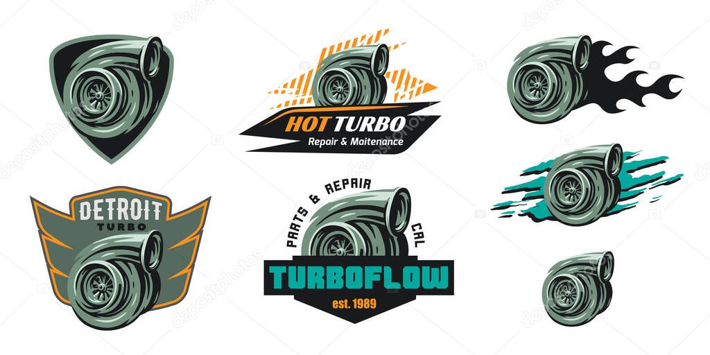 Set of turbo compressor emblems and badges. Logo of turbocharger for repair or maintenence shop, or car tuning company.