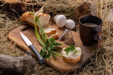 Krem peynirli sandviç. Folyodaki peynir. Yumurta, süt ve peynir. Süt ürünleri samanlıkta. Mutfak bıçağı ve baget ekmek. Kırsal biçim.