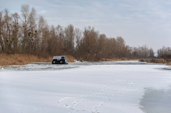 Nehirde SUV gezintisi. Büyük tekerlekleri olan bir araba donmuş bir nehri geçer. Traktör tekerlekleri olan bir makine. Araba buzun üzerinde gidiyor..