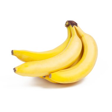 Branch of ripe yellow bananas cut out on white background.