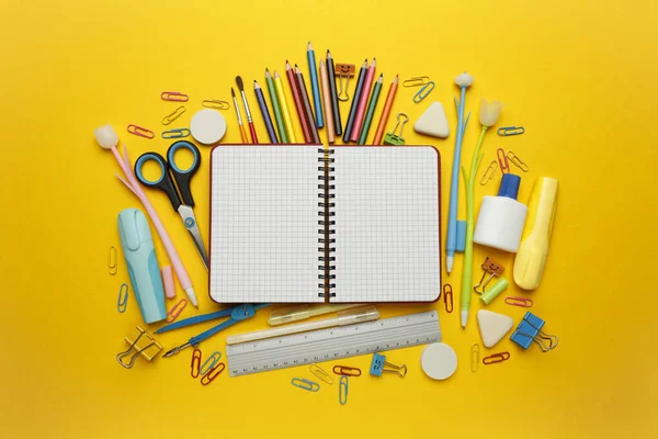 Back School Items Yellow Background Welcome Learning Sale Accessories Knowledge — Stockfoto