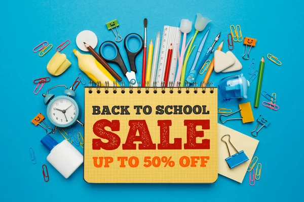 Back School Sale Stationery Set Blue Background Shop Promotion Advertising — стоковое фото