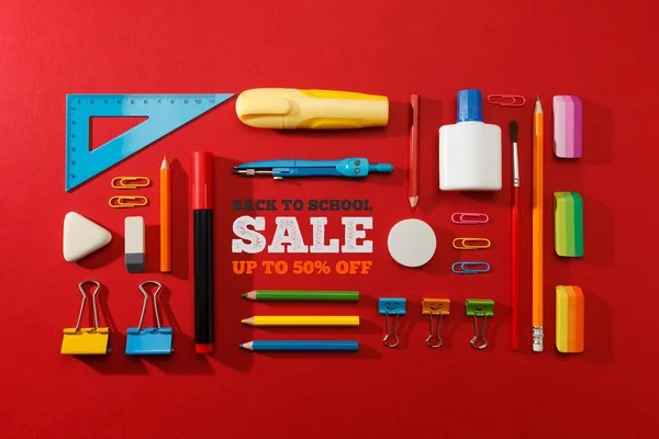 Back School Sale Stationery Set Red Background Shop Promotion Advertising — Foto de Stock