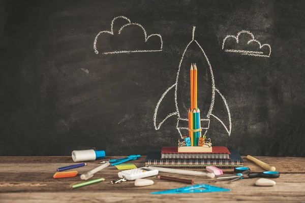 Rocket Stationery Desk Background Chalkboard Children Imagination Creativity Back School — Stockfoto