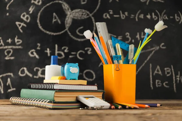 School Supplies Wooden Desk Back Education — Stockfoto