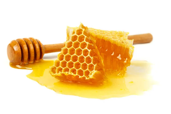 Bee Combs Honey Isolated White Background Flowing Sweet Dessert Portion — Stockfoto