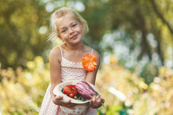 Симпатична Дівчина Тримає Овочі Саду Свіжі Сільські Продукти Капелюсі — стокове фото