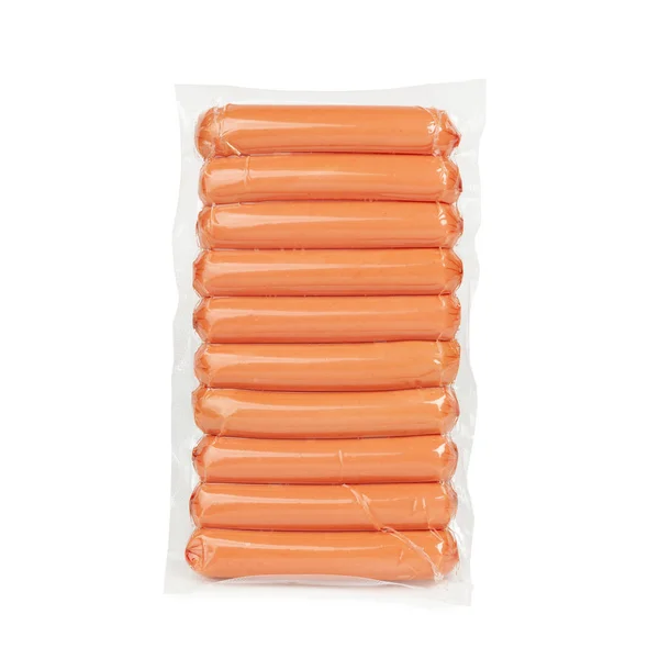 Saucisses Dans Emballage Plastique Sous Vide Isolé Sur Fond Blanc — Photo