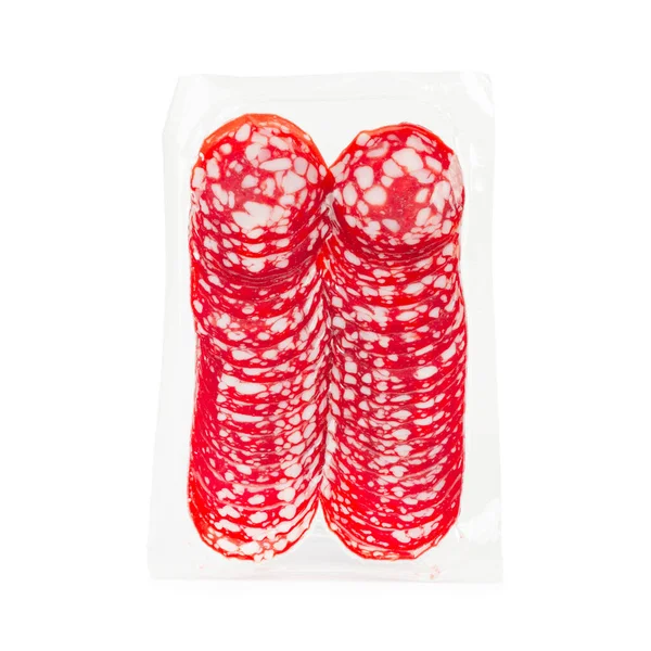 Emballage Salami Tranché Plastique Sous Vide Isolé Sur Fond Blanc — Photo