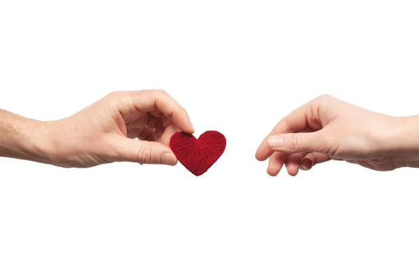 男人的手给女人的手一颗心 志愿者和病人 情人节的浪漫海报 — 图库照片