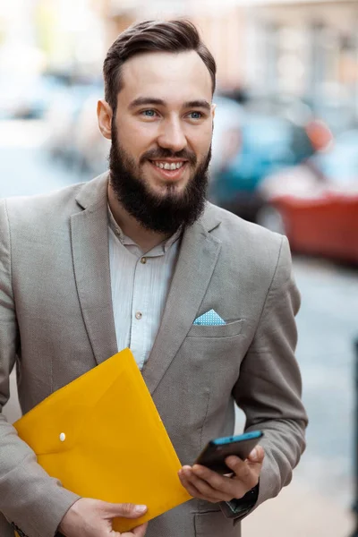 Ambitious Employee Elegant Smiling Man Suit Beard Outdoors Successful Businessman —  Fotos de Stock