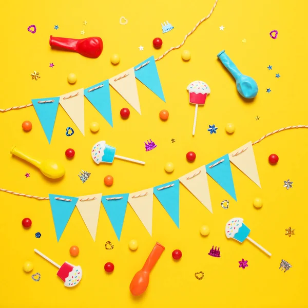 Festive Decor Children Birthday Sweet Multicolored Candies Balloon Straws — Fotografia de Stock