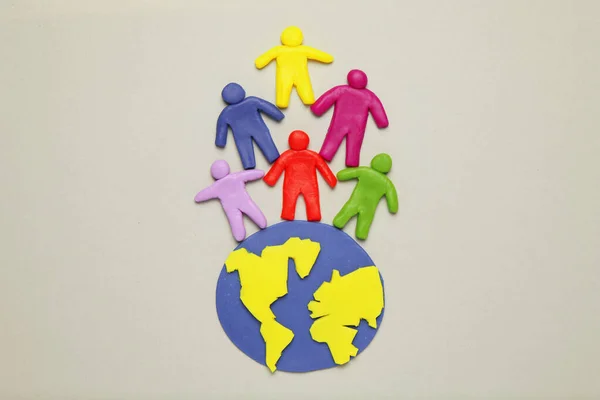 Plasticine Multicolored Cartoon People Globe Use Depletion Planet Earth Overpopulation — Stock Photo, Image