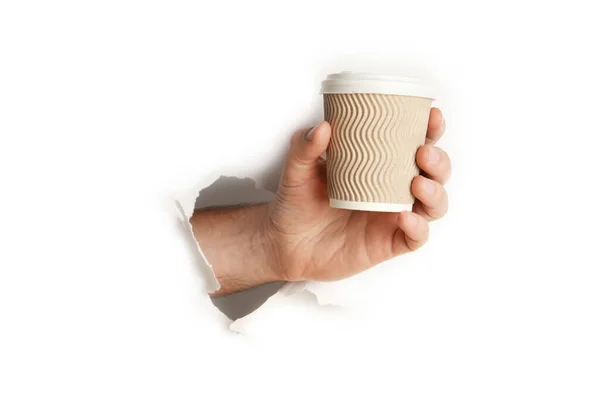 Papieren Kopje Hete Koffie Thee Hand Geïsoleerd Witte Achtergrond — Stockfoto
