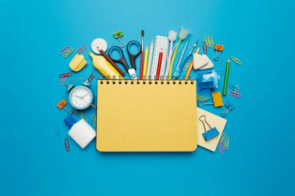 Back School Stationery Set Blue Background — Zdjęcie stockowe