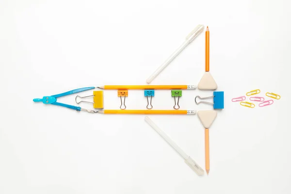 Rocket Made Pencils White Background Pursuit Success Children Imagination Learning — Stok fotoğraf