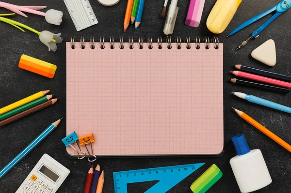 School Supply Black Chalkboard Copy Space Text Back Education — Stockfoto