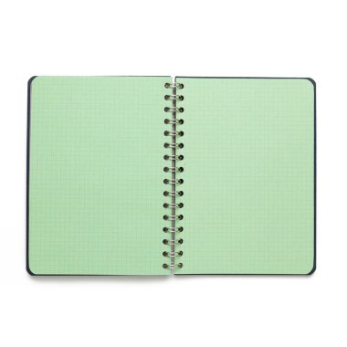 Açılmış sarı kare günlük beyaz arkaplanda izole edilmiş. Not defteri çalış, spiral boş kağıt düzenleyici.