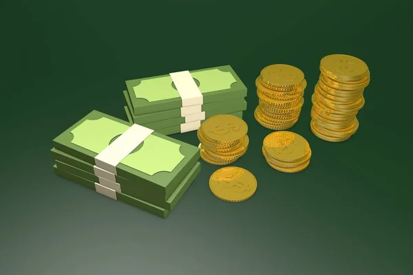 Bundles of money and gold coins. High taxes, lottery winnings. 3d render.