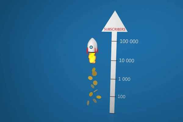 Rocket takes off with coins from the engine. Growth of likes on social networks. Spending money on advertising and account promotion. 3d render.