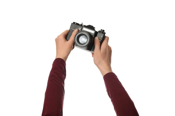 Ročník Kamera Ruce Izolované Bílém Pozadí Fotografie Vzpomínky — Stock fotografie