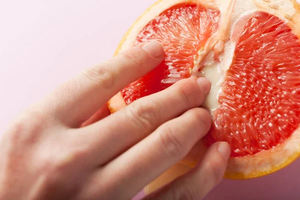 Two Female Fingers Grapefruit Woman Masturbation Sex Concept Vagina Clitoris — Stock fotografie
